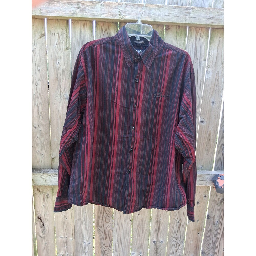 053 Harley Davidson XL Long Sleeve Button Down Shirt Black & Red Striped